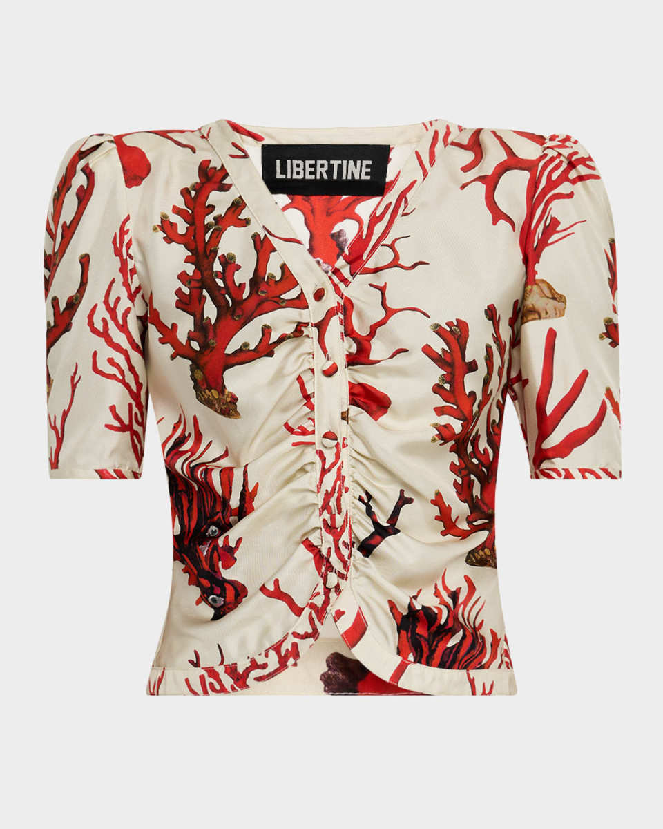 Monaco Venetian Coral-Print Silk Top
